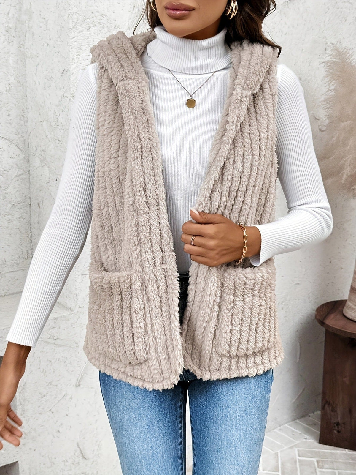 Plush Hooded Cardigan Vest Coat Khaki