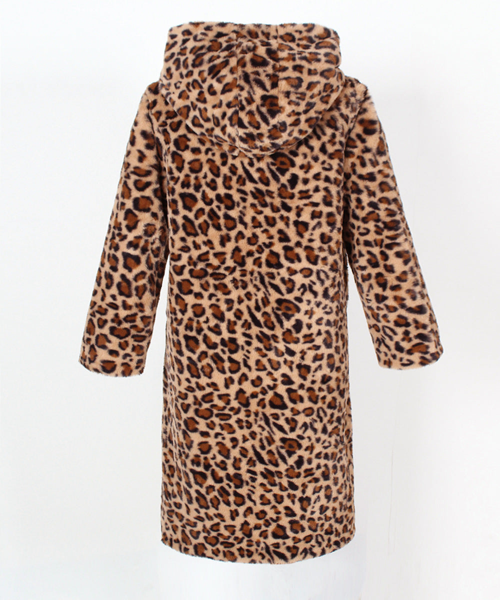 Leopard Print Faux Fur Hooded Coat