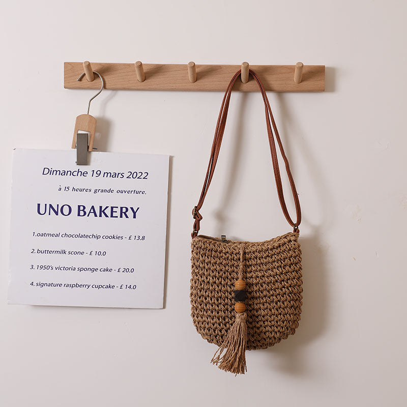 Casual Crossbody Crochet Bag One Size Wooden Bead Tassel Coffee
