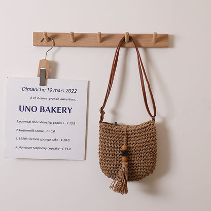 Casual Crossbody Crochet Bag One Size Wooden Bead Tassel Coffee