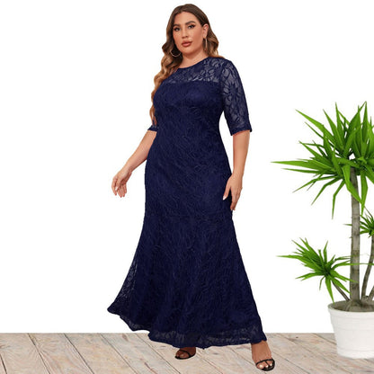 Elegant Lace Short Sleeves Maxi Dress Purplish blue