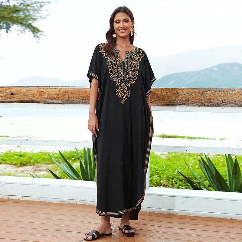 Rayon Embroidery Beach Cover up Embroidered Robe- Loose Vacation Sunscreen Beach Cover Up One Size Black