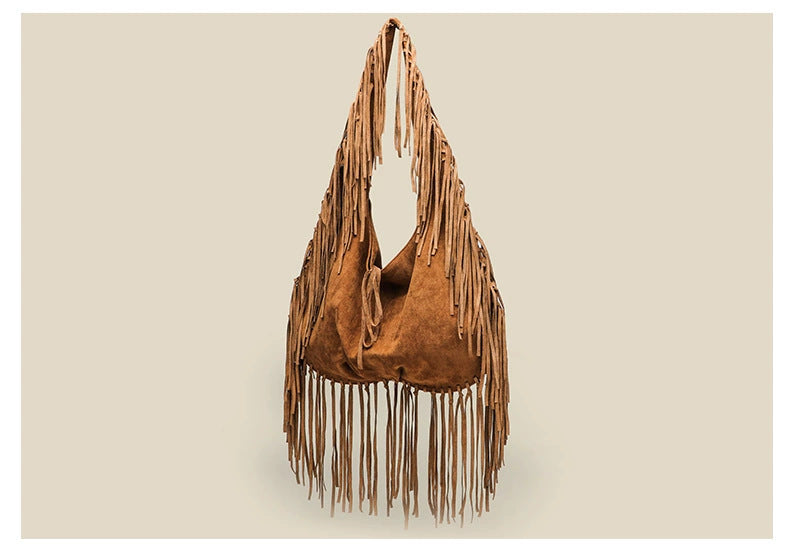 Tassel Large Tote Crescent Trendy One Shoulder Women Bag One Size Small Size Light Brown