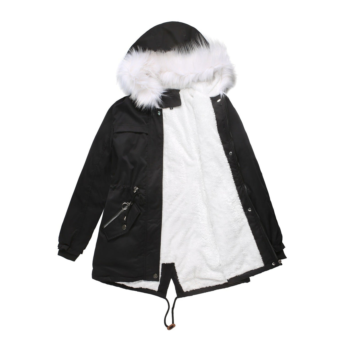Mid-Length Fleece Lined Coat with Fur Collar Black