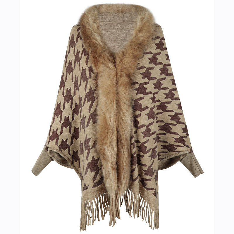 Tassel Cloak Houndstooth Fur Collar One Size Khaki
