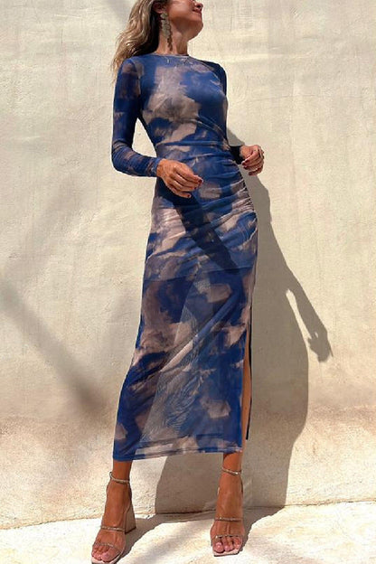 Mesh Printed Fitted Stretch Long Sleeve Dress Blue