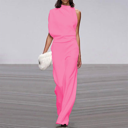 Solid Color One Shoulder Jumpsuit Pink