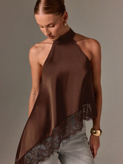 Clidress Button Neck Lace Patchwork Irregular Top 11 Colors-5 Size Coffee