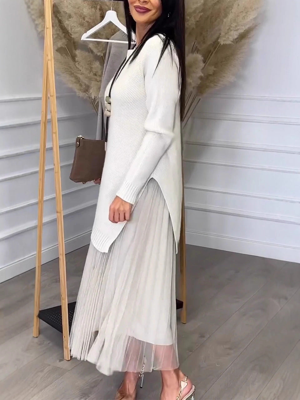 Clidress Irregular Sweater Mesh Pleated Dress Set