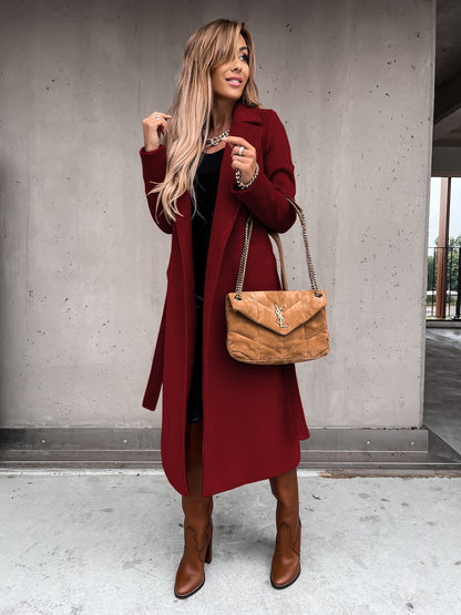 Solid Color Woolen Long Sleeve Trench Coat
