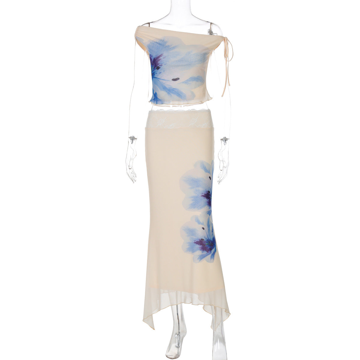 Women Clothing Summer Printed Diagonal Collar Lace up Top Slim Wave Edge Skirt Set Apricot