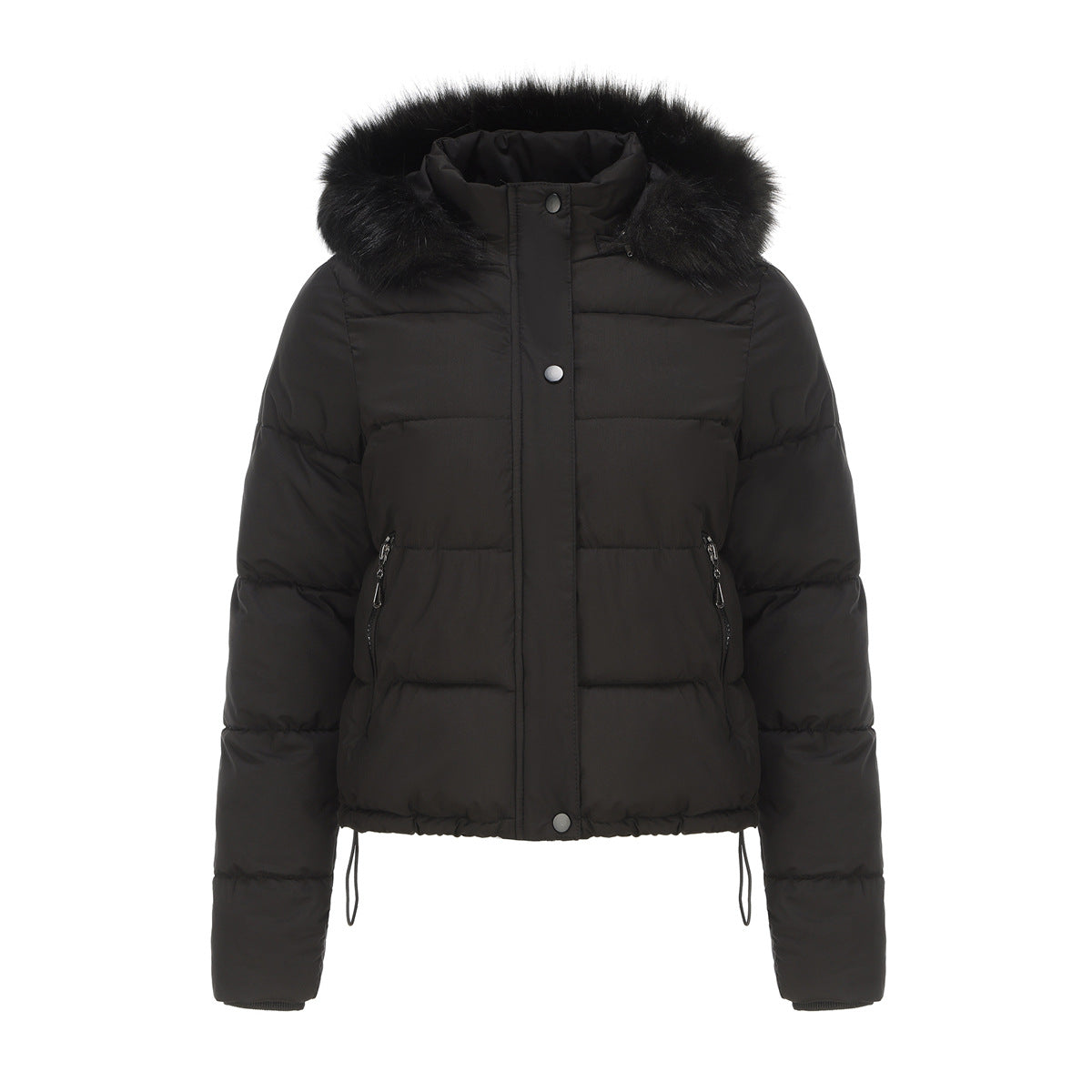 Long Sleeves Cotton Padded Hooded Jacket Black