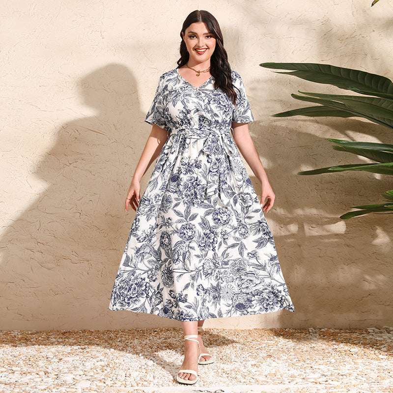 Plus size Summer Short Sleeve Dress White Drawing Flowers
