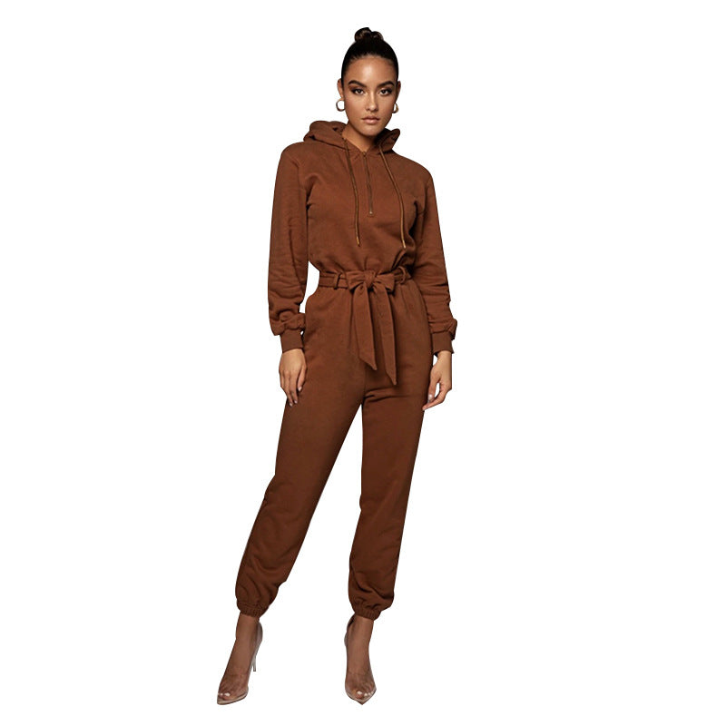 Urban Hooded Casual Women Jumpsuit S Coffee