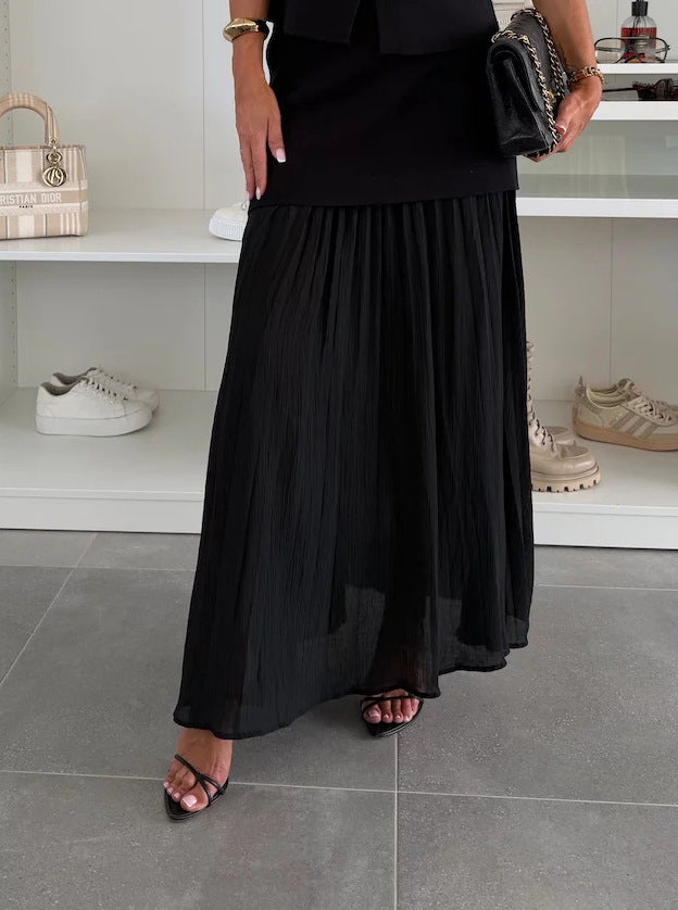 Spring Summer Knitted Stitching Vest Set Casual Vacation Loose Skirt Women Black Skirt