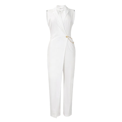 V Neck Collar Wide Leg Jumpsuit White