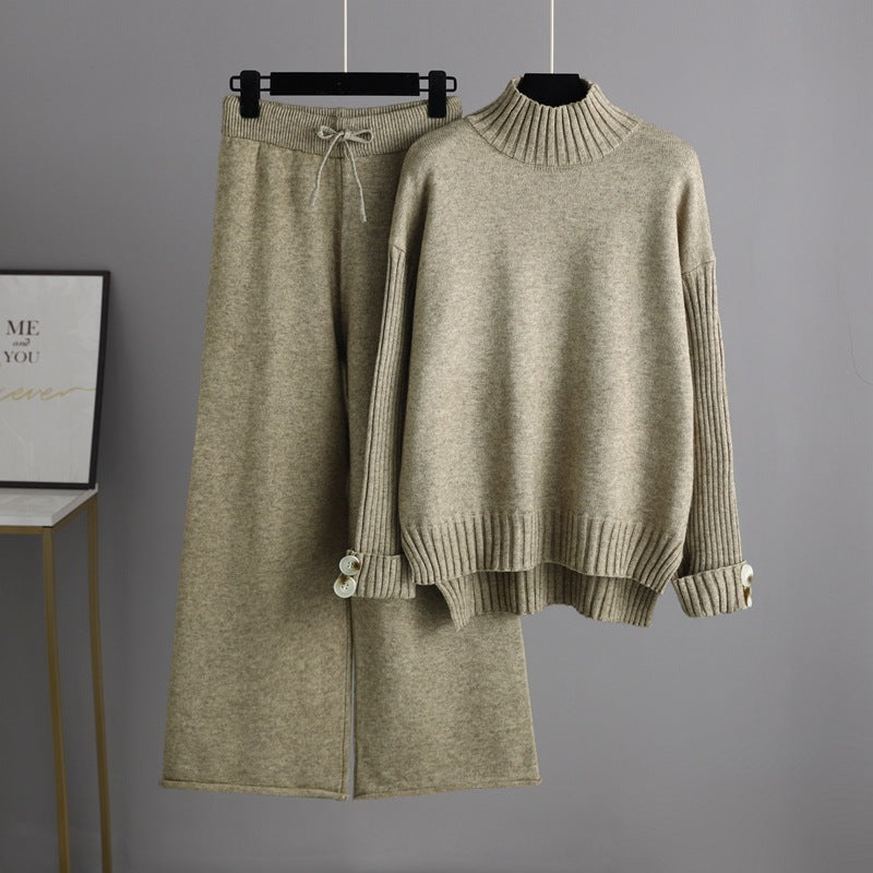 High Collar Solid Knit Set One Size Khaki