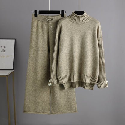 High Collar Solid Knit Set One Size Khaki