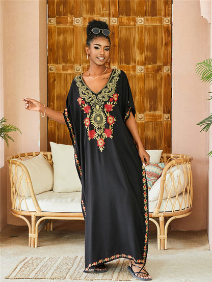 White Rayon Embroidered Beach Cover Up Robe Vacation Skirt Embroidered Dress Beach Cover Up One Size Black Embroidery