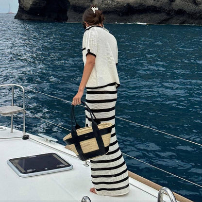 Striped Collared Pocket Short Sleeve Top Suit Beach Bohemian Contrast Color Long Skirt Women