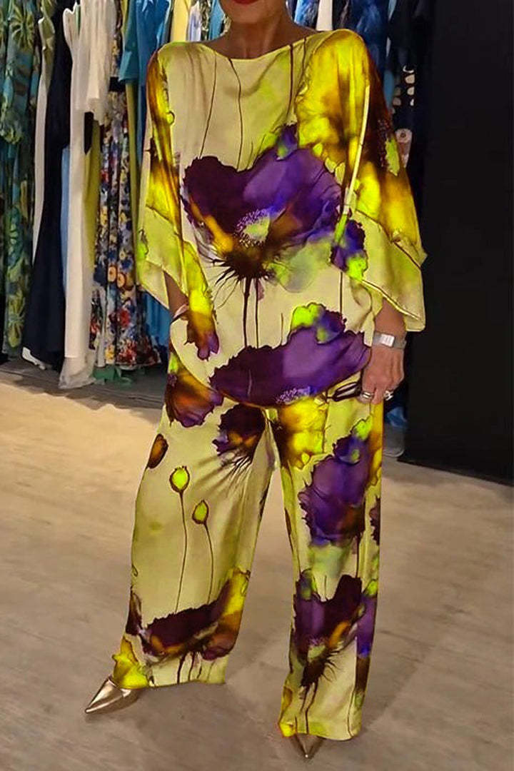Unique Elegant Satin Loose Fit Printed Batwing Sleeve Set Yellow