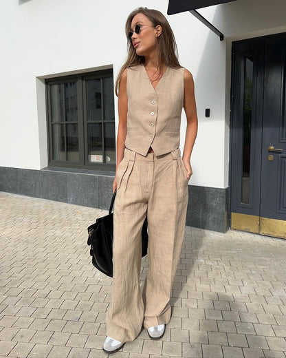 Vest & Casual Pants Two Piece Set Khaki