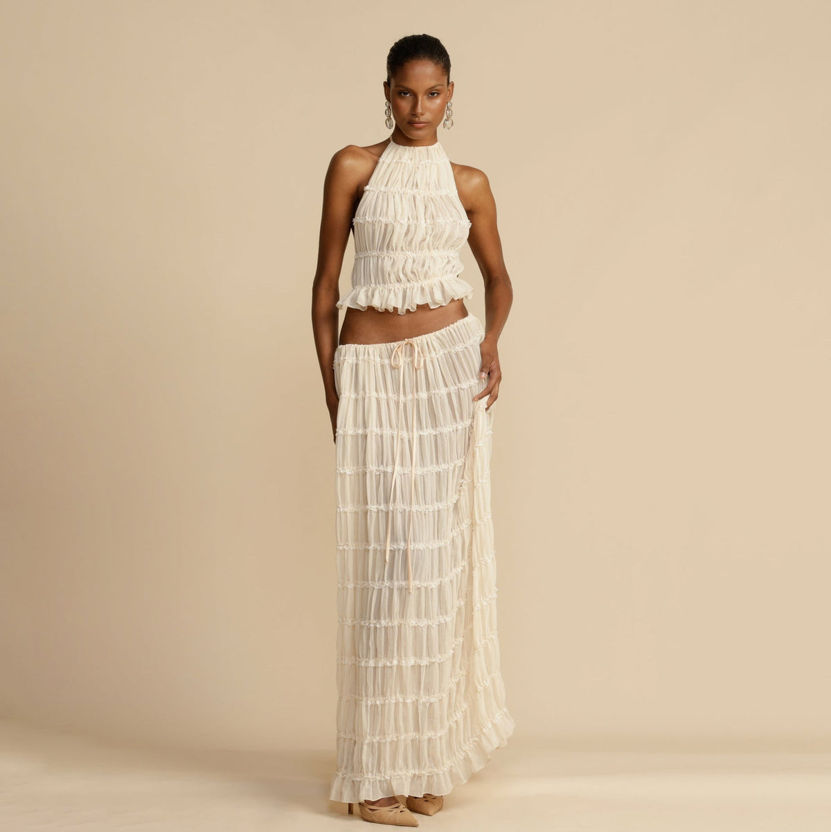 Backless Lace up Halterneck Sling Top Suit Wooden Ear Pleated Dress Two Piece Set White
