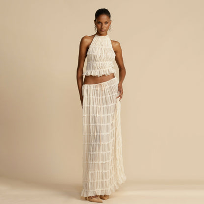Backless Lace up Halterneck Sling Top Suit Wooden Ear Pleated Dress Two Piece Set White