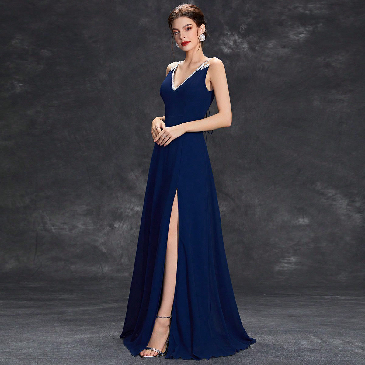 Solid Color Evening Dress Women Deep V Plunge neck Sleeveless Formal Dress Cocktail Party Blue