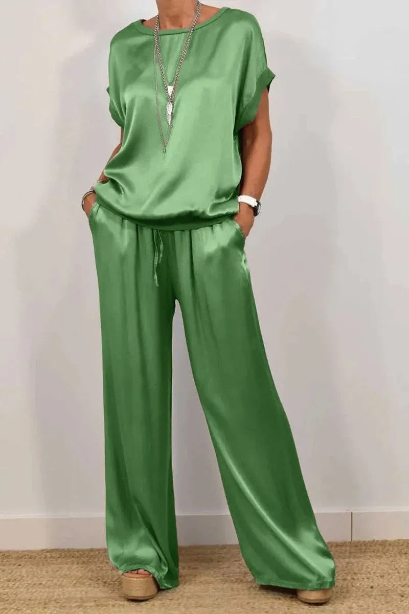 Trendy Loose Shirt & Wide Leg Pants Sets Green
