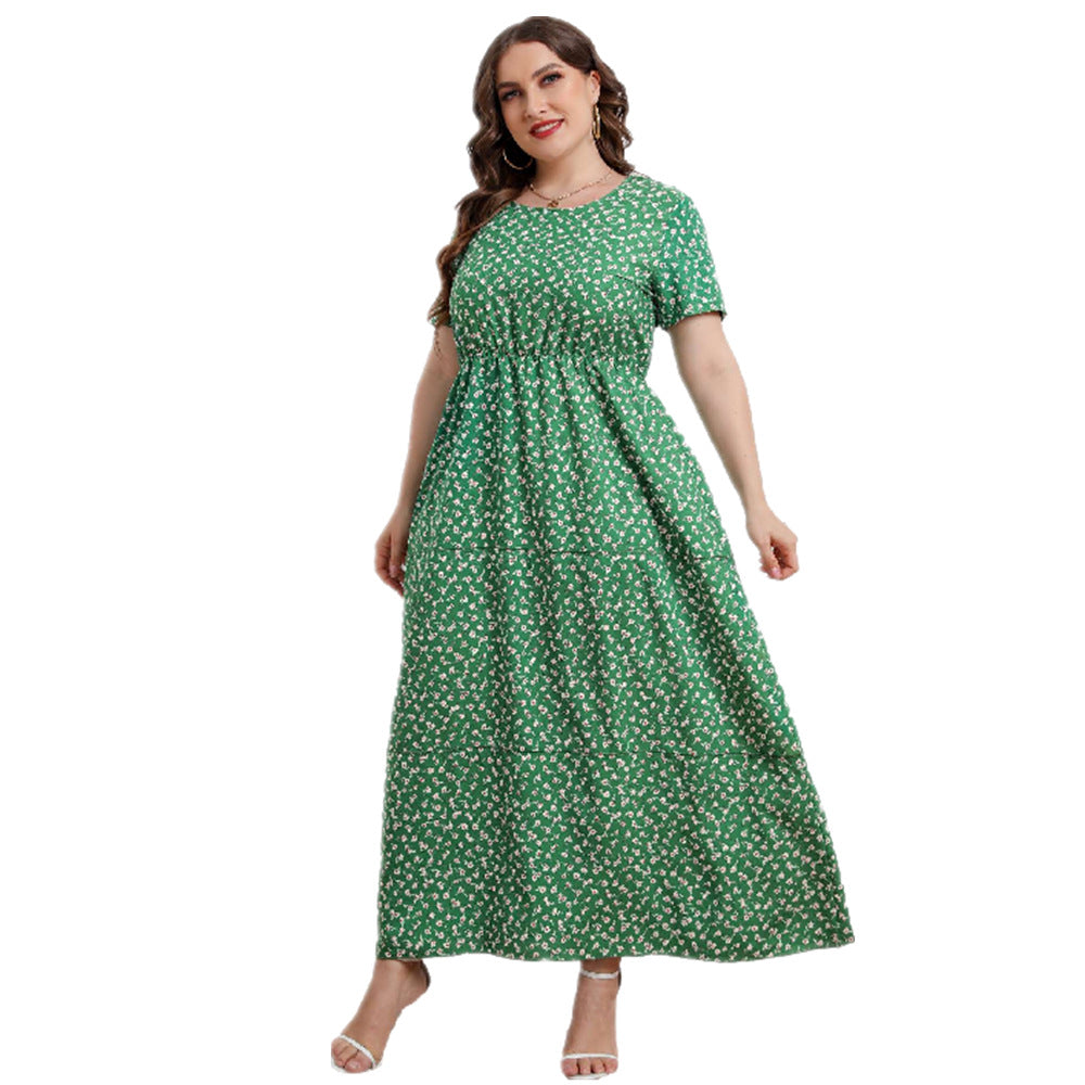 Round Neck Floral Short Sleeve Dress Green