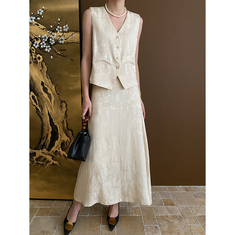 Chinese Elegant Jacquard Chinese Vest Skirt Two Piece Set Early Spring Apricot Vest