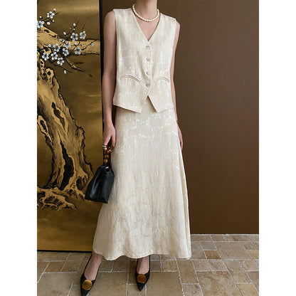 Chinese Elegant Jacquard Chinese Vest Skirt Two Piece Set Early Spring Apricot Vest