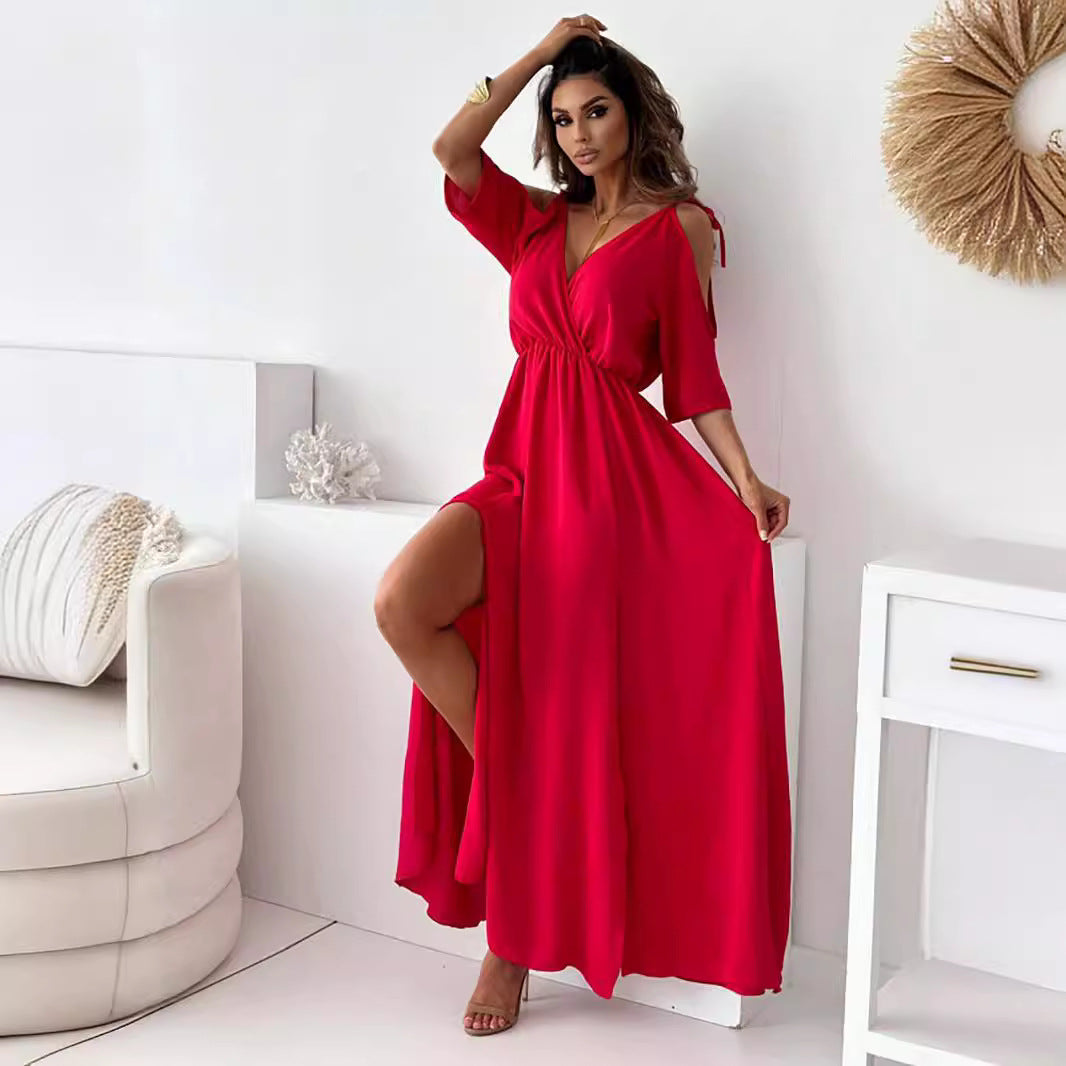 Solid Color Sexy Mid Length Dress Red