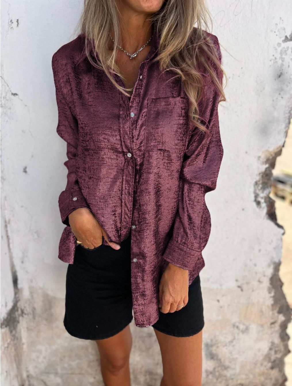 Casual Suede Polo Collar Shirt Burgundy
