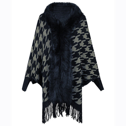 Tassel Cloak Houndstooth Fur Collar One Size Navy Blue