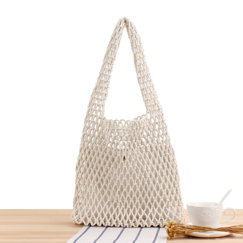 Solid Color Net Hand-Woven Bag Handmade Shoulder Bag One Size White