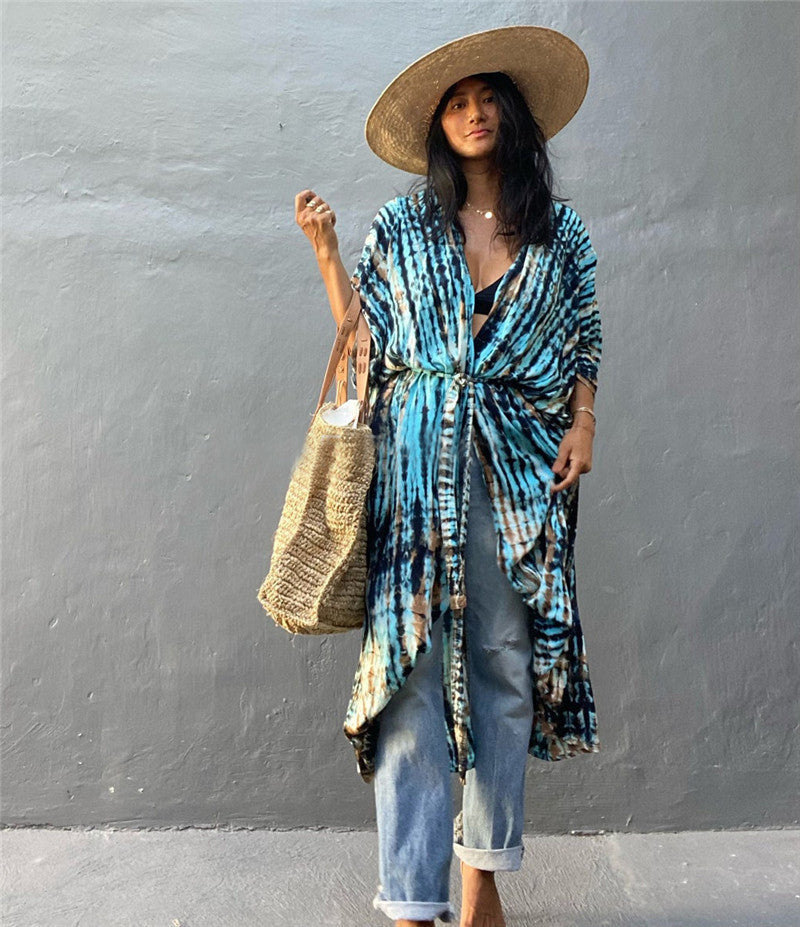 Sexy Beach Cardigan Cover Up One Size Black and Blue Striped