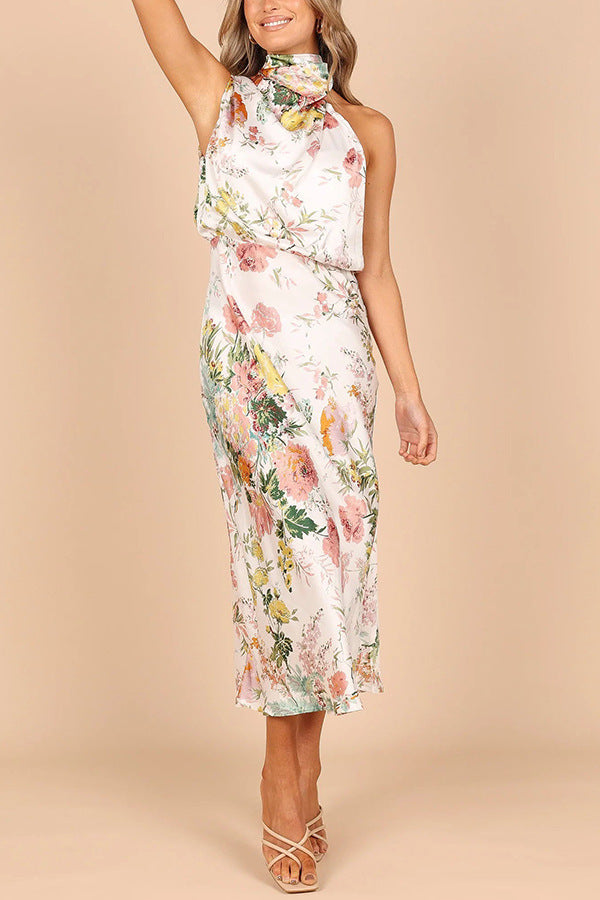 Sleeveless Halter Printed Satin Dress White