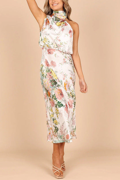 Sleeveless Halter Printed Satin Dress White
