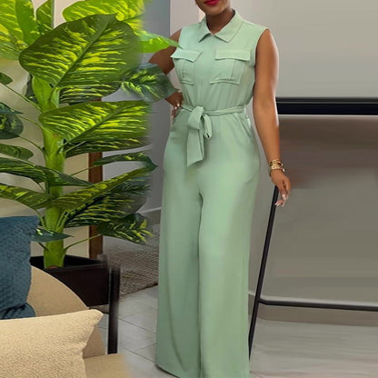 Polo Collar Sleeveless Jumpsuit Green