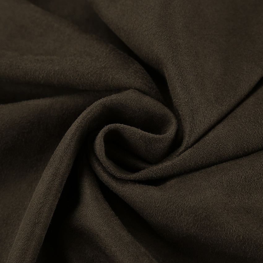 Brown Suede Long Sleeve Long Coat
