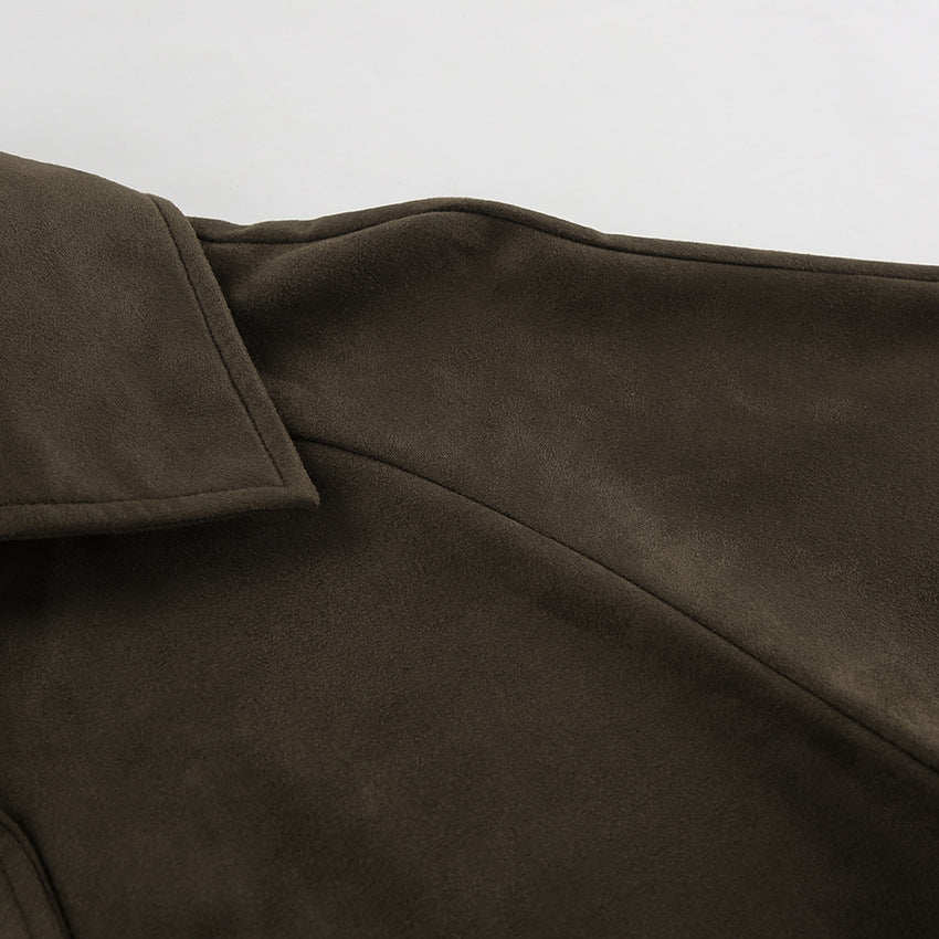 Brown Suede Long Sleeve Long Coat