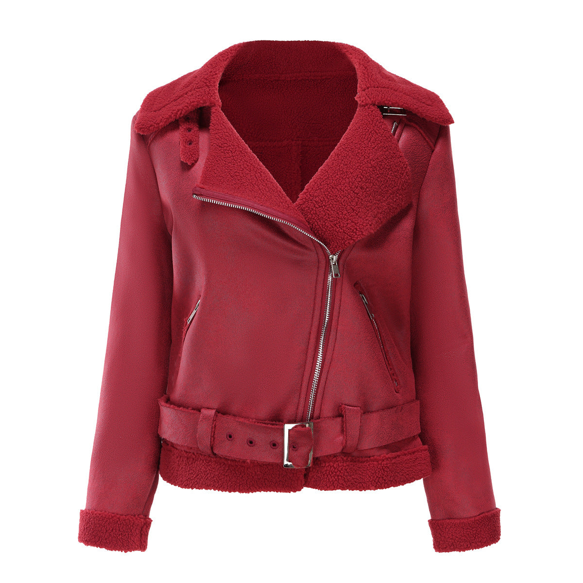 Vegan Leather Shearling Jacket Burgundy