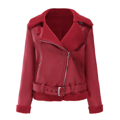 Vegan Leather Shearling Jacket Burgundy