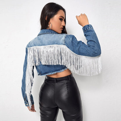 Kylie Tassel Fringe Denim Jacket Deep Fried Blue