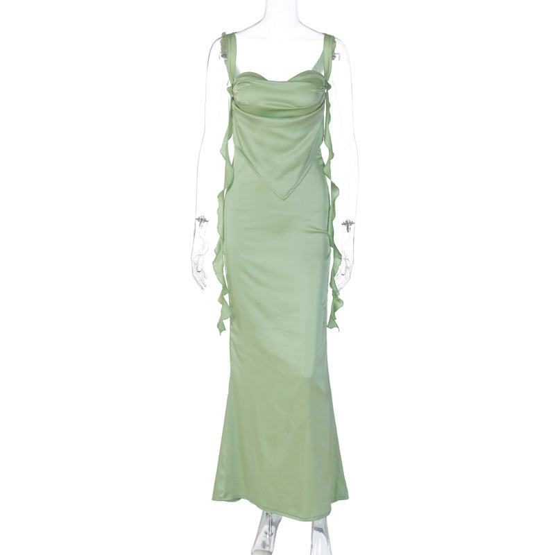 Open Back Formal Satin Gown Green