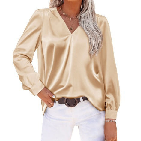 Satin Pleated Long Sleeved Top V neck Casual Apricot
