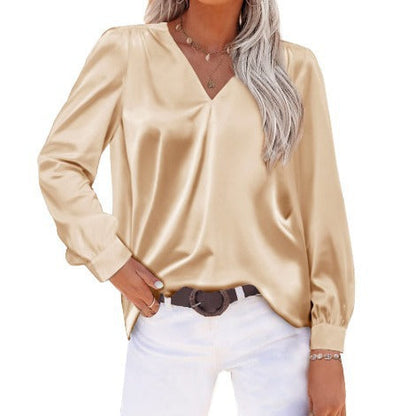 Satin Pleated Long Sleeved Top V neck Casual Apricot