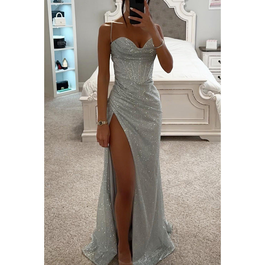 Formal High Split Sexy Gown Silver
